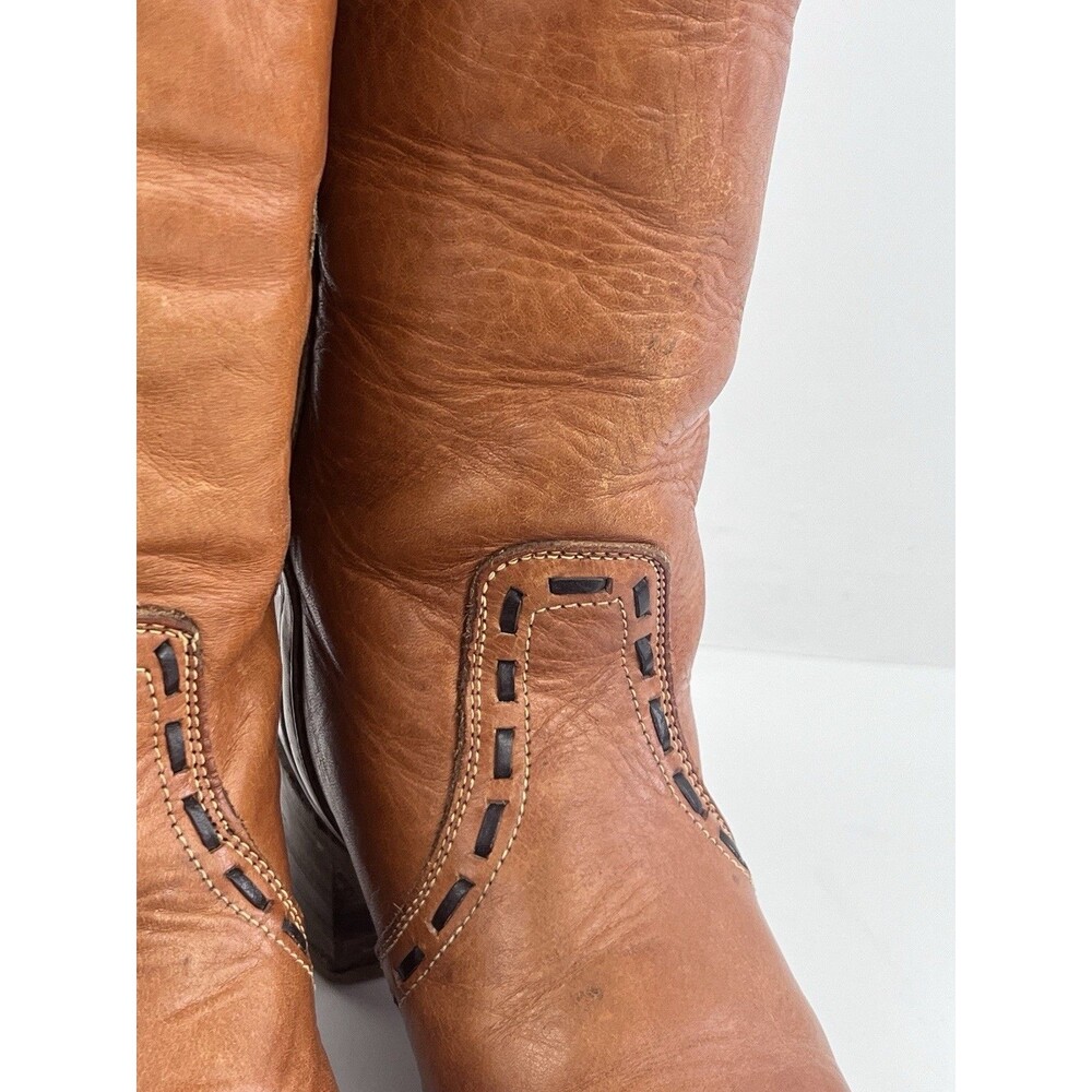 VTG Acme Campus Boots Womens 10 M Tan Cognac Leather Tall Boots Western USA - Picture 8 of 16